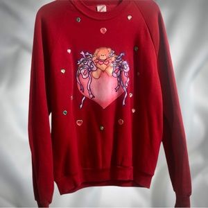Vintage 1994 Crewneck Valentine Custom Puffy Painted Teddy Bear and Gem Hearts